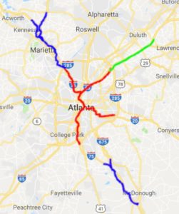 color-coded map of HOV lanes in metro Atlanta